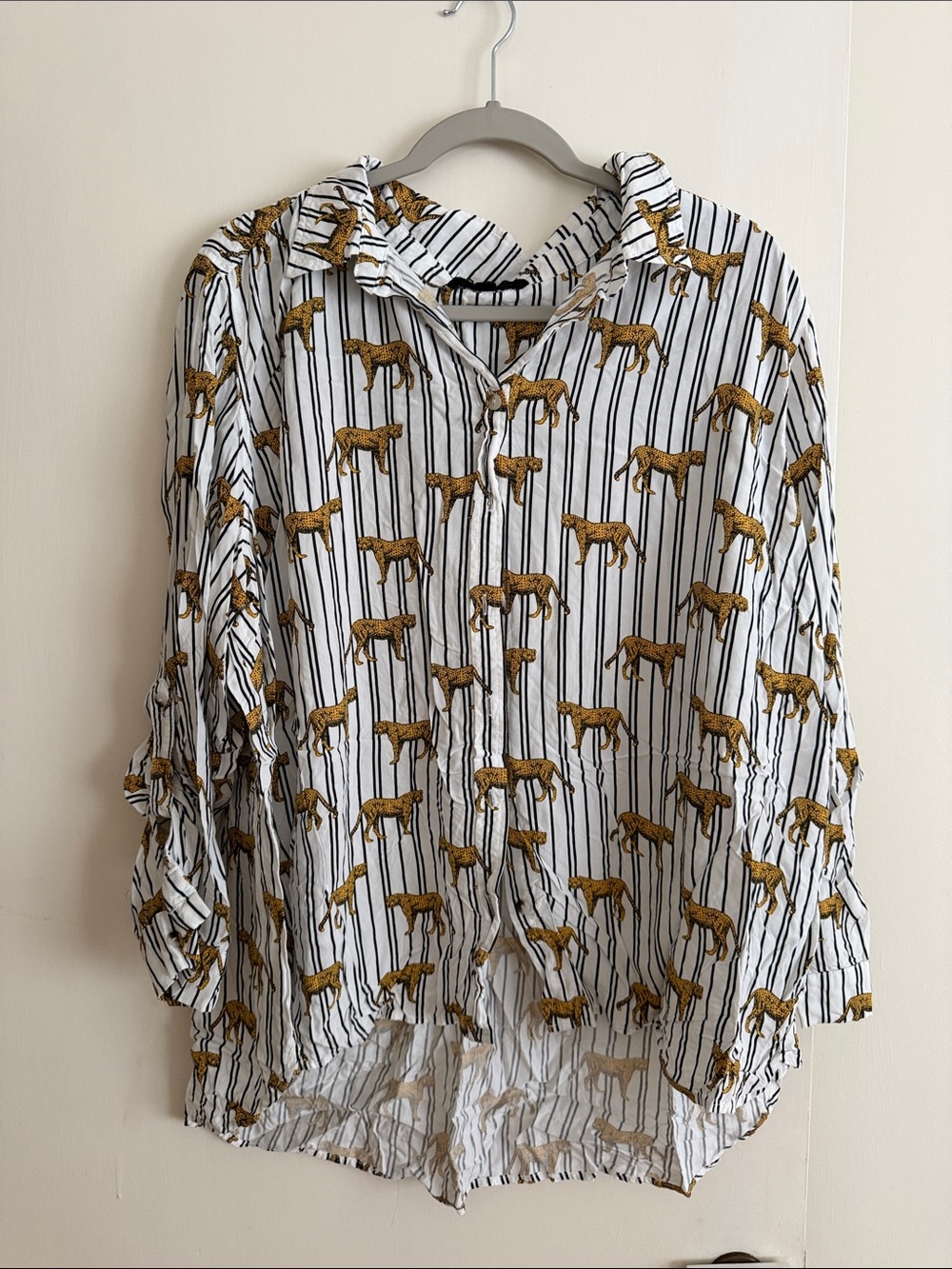 Aritzia White Button-Down Shirt with Mustard Zebra Print